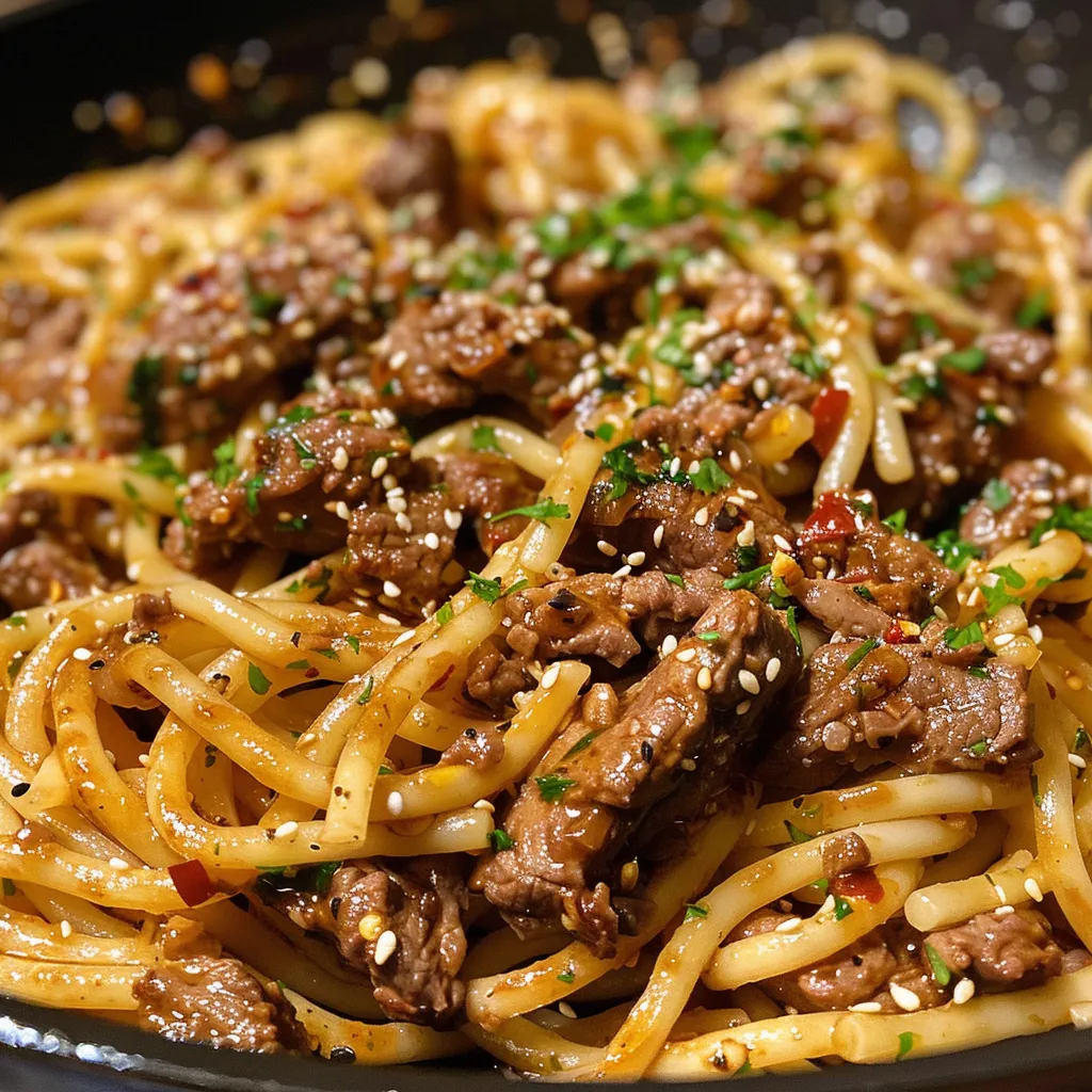 Juicy plate of Garlic Butter Beef Noodles with visible garlic chunks and herbs.