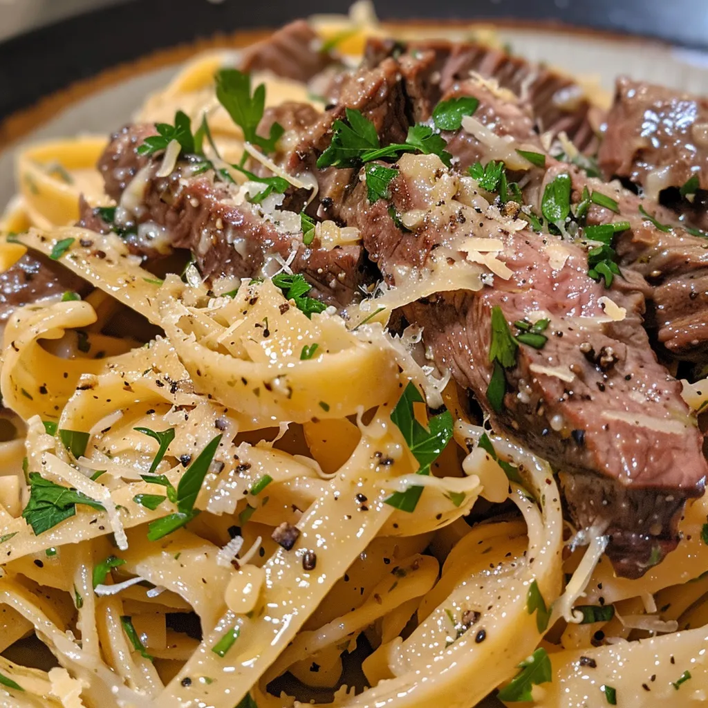 Juicy beef pasta dish garnished with parsley and sprinkled cheese.