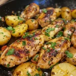 Close-up view of a skillet featuring Garlic Butter Chicken and potatoes.