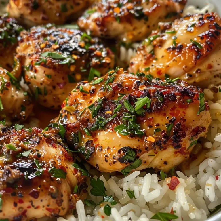 Close-up view of juicy garlic butter chicken served with Parmesan rice.
