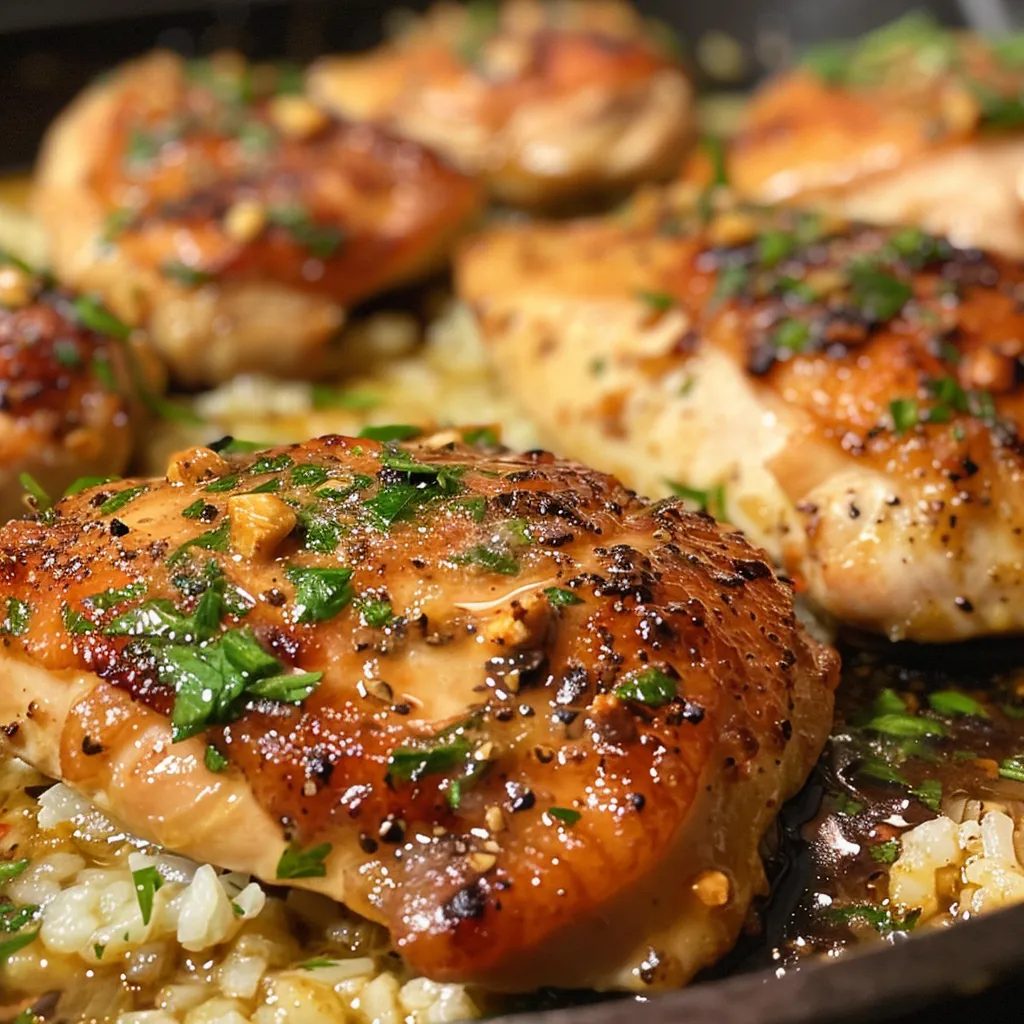 Side view of garlic butter chicken garnished with parsley, accompanied by a bowl of Parmesan rice.
