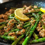 Close-up view of a sizzling Garlic Butter Ground Turkey Skillet with asparagus and herbs.