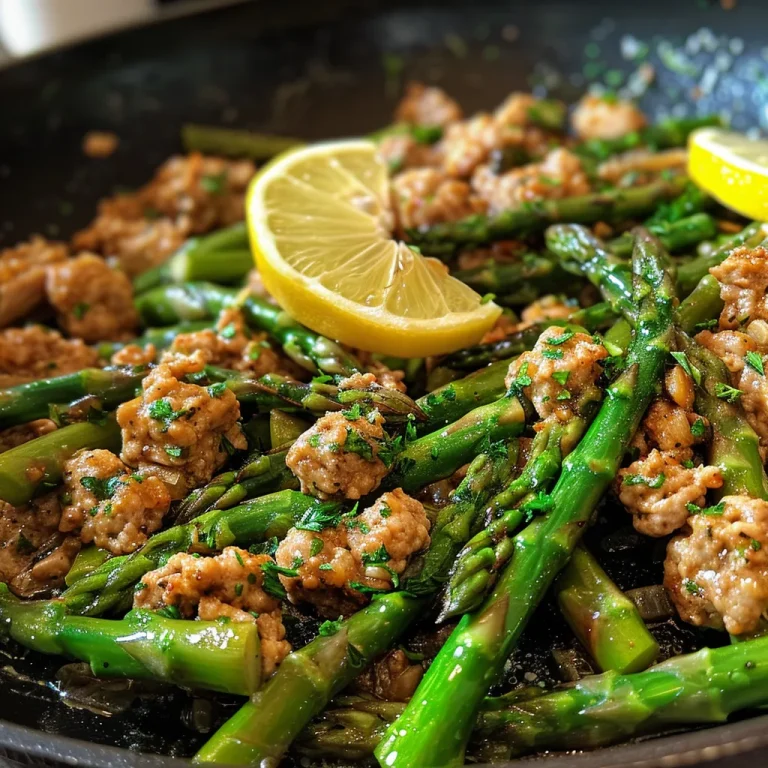 Close-up view of a sizzling Garlic Butter Ground Turkey Skillet with asparagus and herbs.