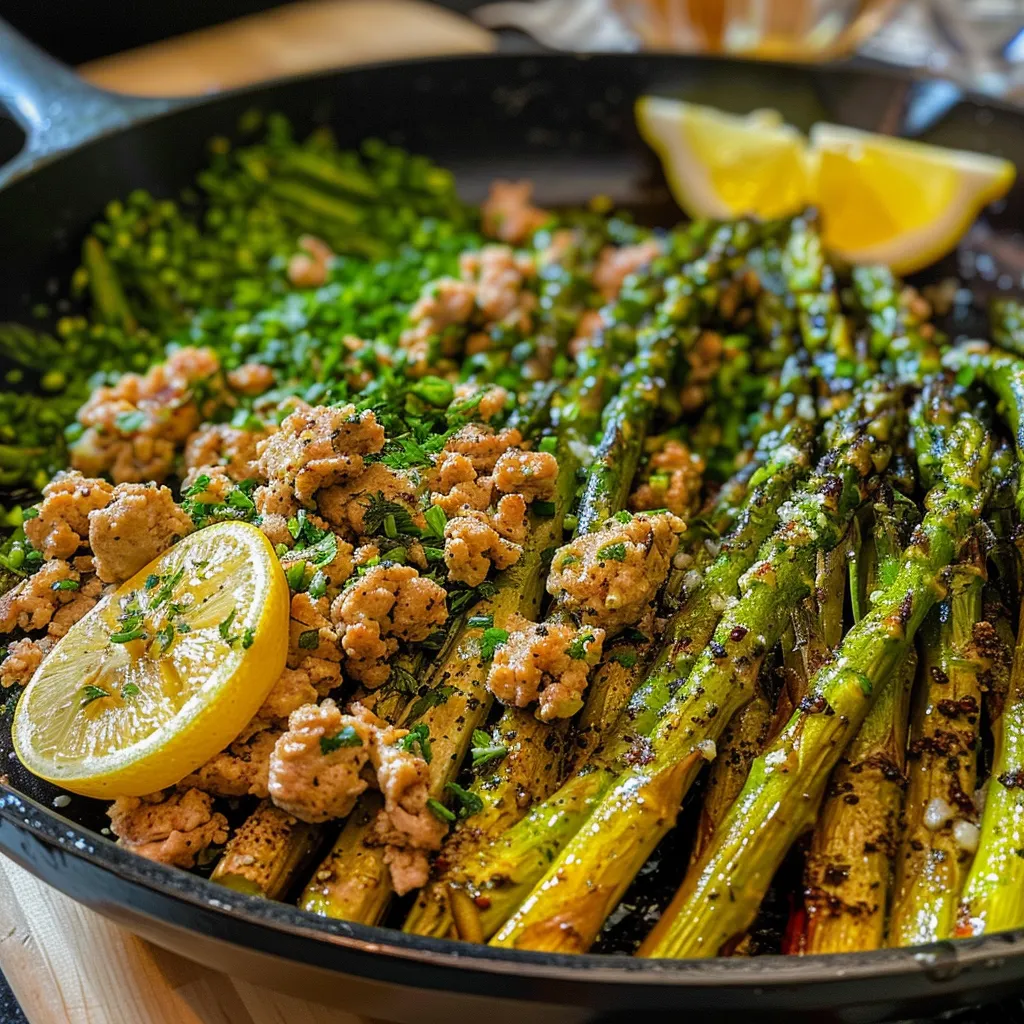 Juicy ground turkey mixed with garlic, butter, and asparagus in a skillet.