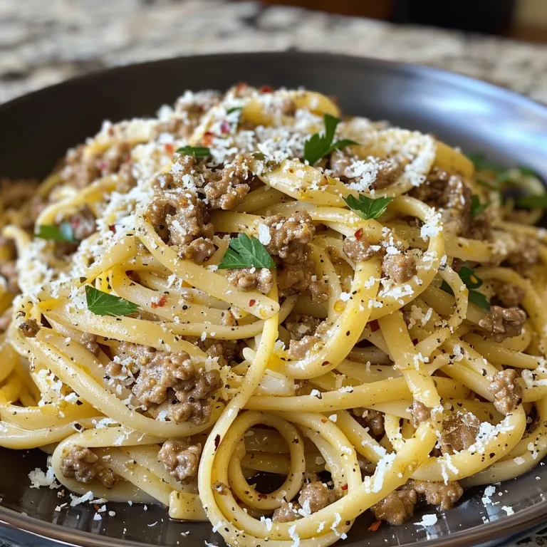 A close-up view of garlic butter parmesan beef linguine in a rich cream sauce.