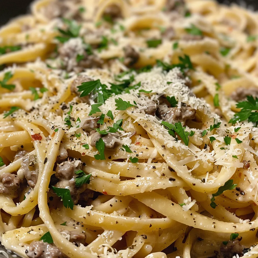 Juicy garlic butter beef linguine topped with grated Parmesan and fresh parsley.