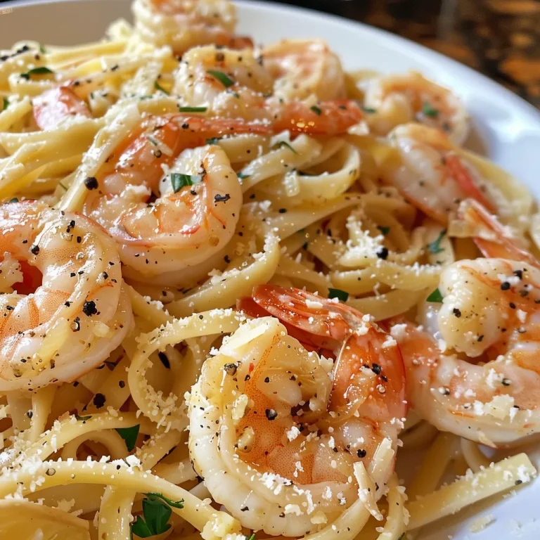 A close-up of a bowl of garlic butter shrimp pasta with fettuccine, shrimp, and herbs.