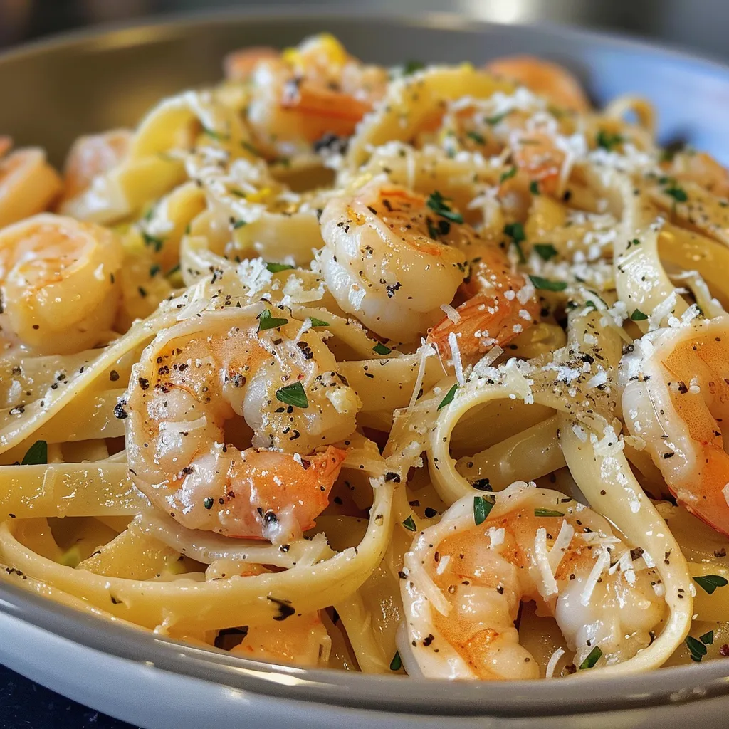 Side view of a plate featuring creamy garlic butter shrimp pasta garnished with lemon.