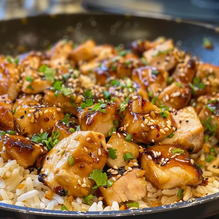 One-Pan Garlic Honey Chicken Rice Skillet A Flavorful Feast in Minutes Close-up of a flavorful Garlic Honey Chicken Rice Skillet with golden chicken pieces.