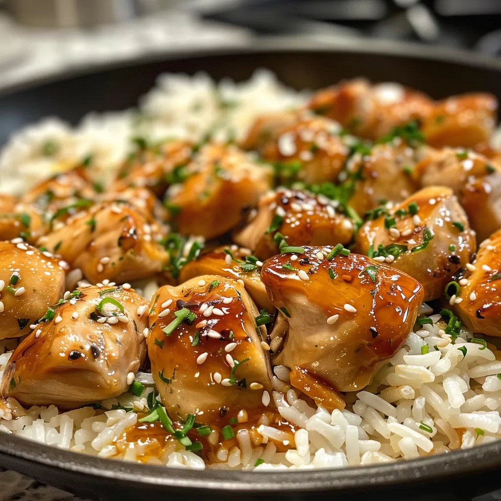Juicy chicken and rice dish glistening with honey sauce and garnished with garlic.
