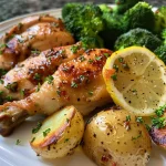 Close-up view of juicy Garlic Lemon Chicken with golden-brown skin and vibrant green broccoli.