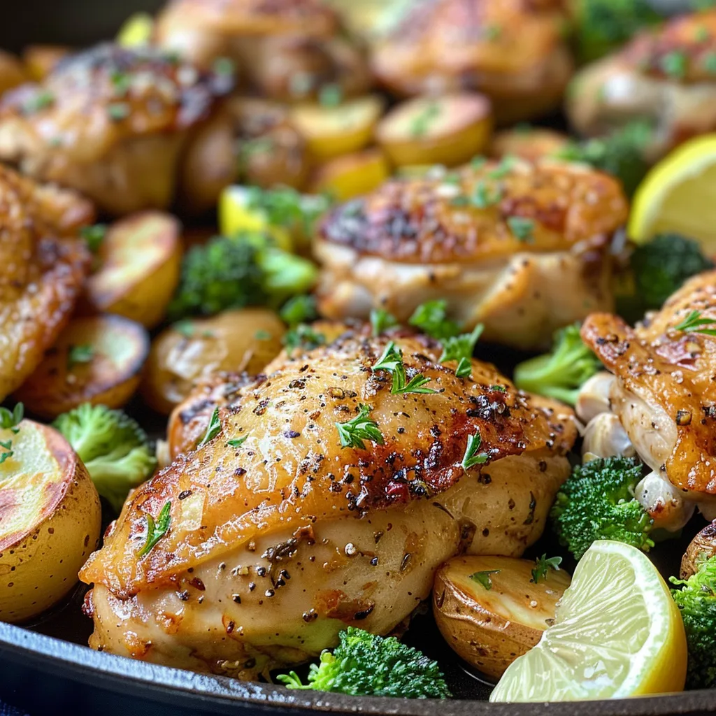 A side view of Garlic Lemon Chicken presented with quartered baby Dutch potatoes and broccoli florets.