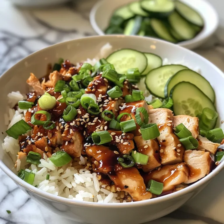 Close-up view of a bowl filled with garlic soy chicken, jasmine rice, and garnished with green onions and cilantro.