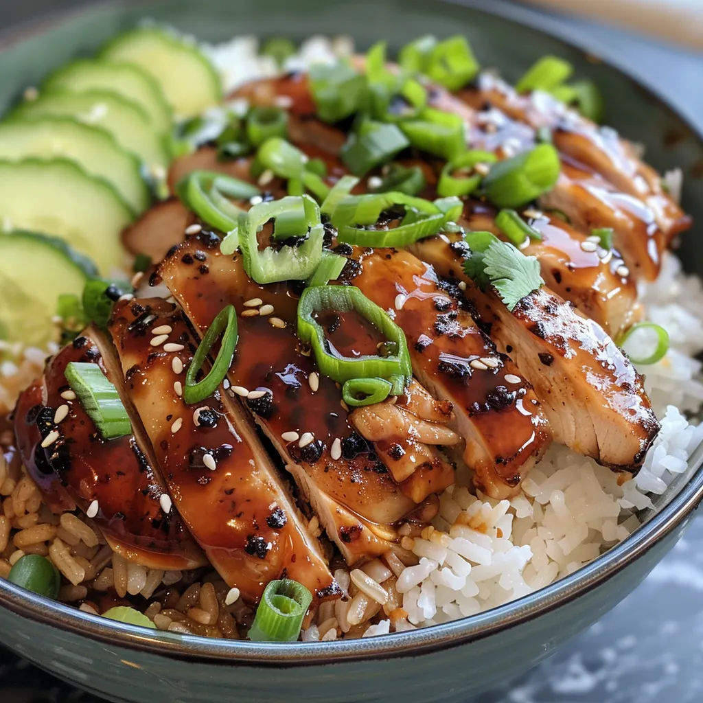 Juicy garlic soy chicken served over fluffy rice, decorated with sesame seeds and sliced cucumbers.