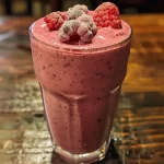 Close-up side view of a vibrant purple berry smoothie in a glass.