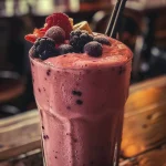 Close-up view of a delicious Greek yogurt berry smoothie with vibrant mixed berries.