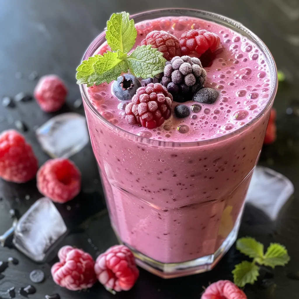 Side view of a creamy Greek yogurt smoothie featuring blueberries, strawberries, and banana.