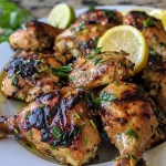 A close-up view of grilled lemon chicken pieces on a plate with herb couscous and fresh herbs.