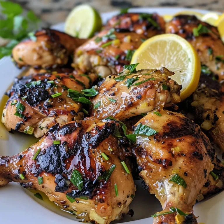 A close-up view of grilled lemon chicken pieces on a plate with herb couscous and fresh herbs.