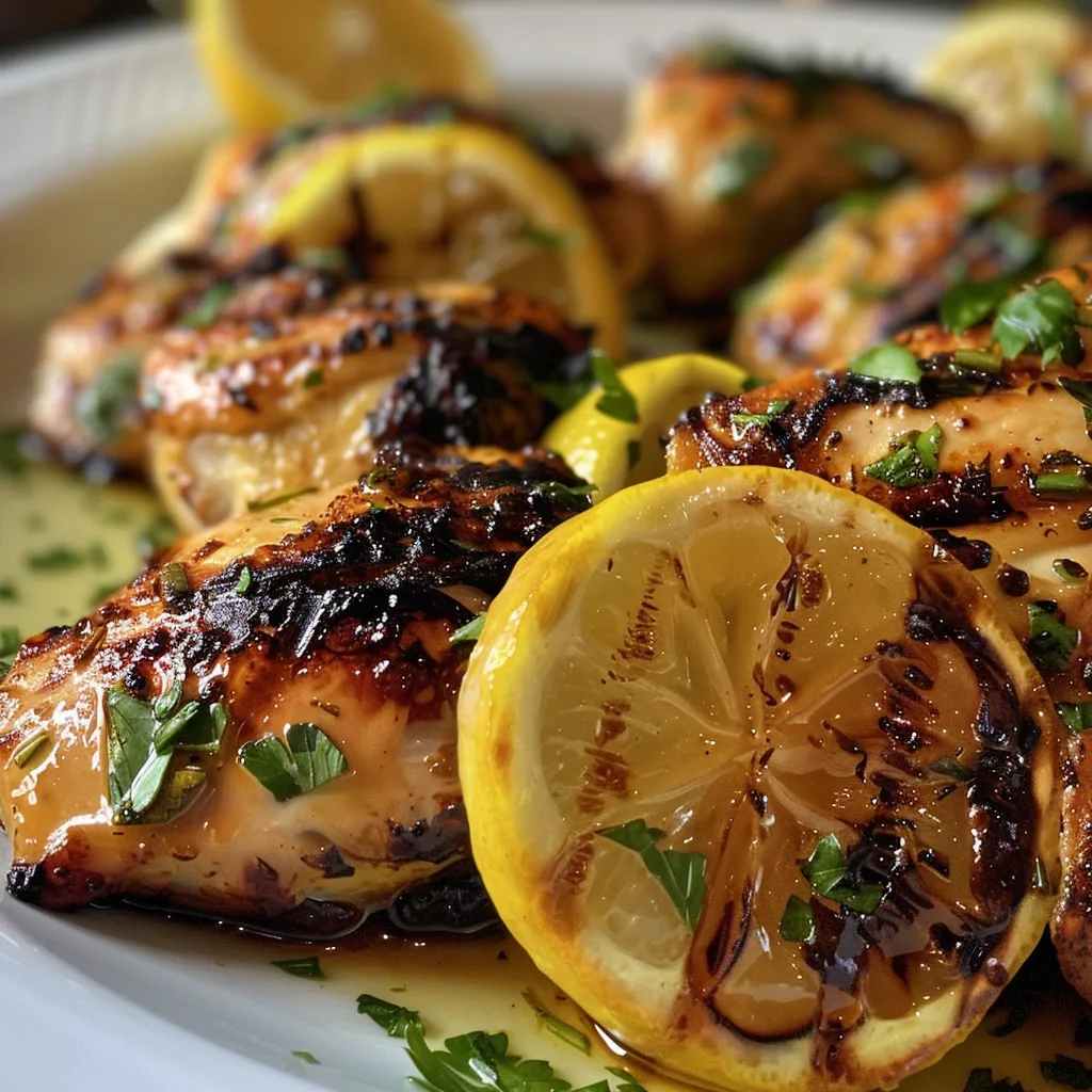 Juicy grilled lemon chicken served with lemon wedges and a side of colorful couscous.