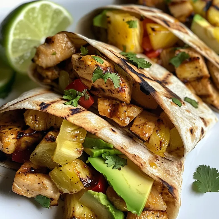 Close-up of grilled pineapple chicken wraps with colorful ingredients.