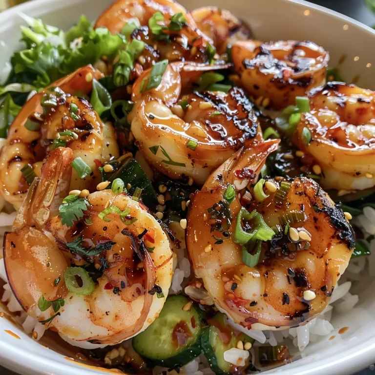 Close-up view of a grilled shrimp bowl with vibrant avocado salsa on top.