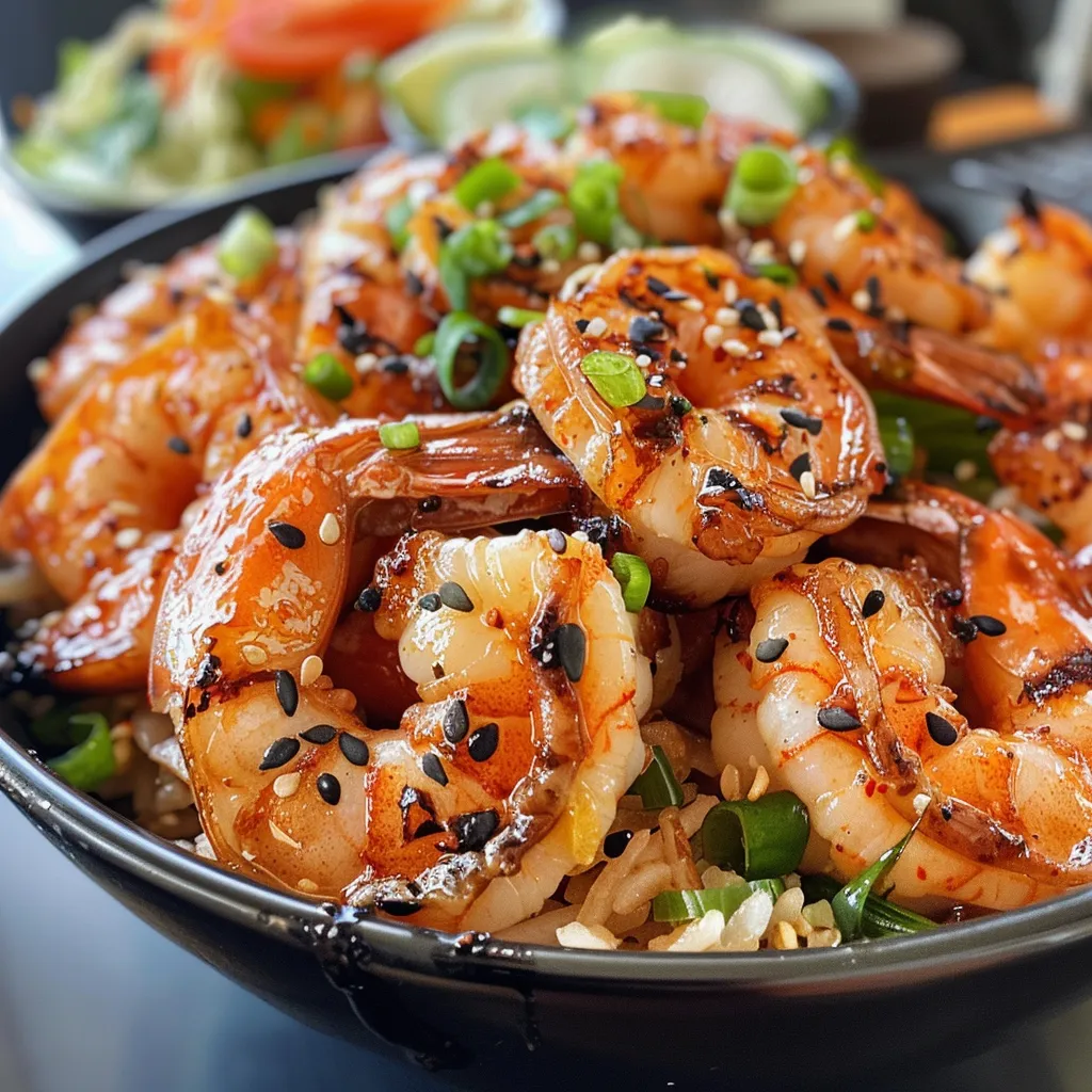 Side angle image of a delicious grilled shrimp bowl garnished with fresh salsa.