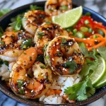 A close-up view of a grilled shrimp rice bowl topped with sweet chili sauce and garnished with cilantro and lime.