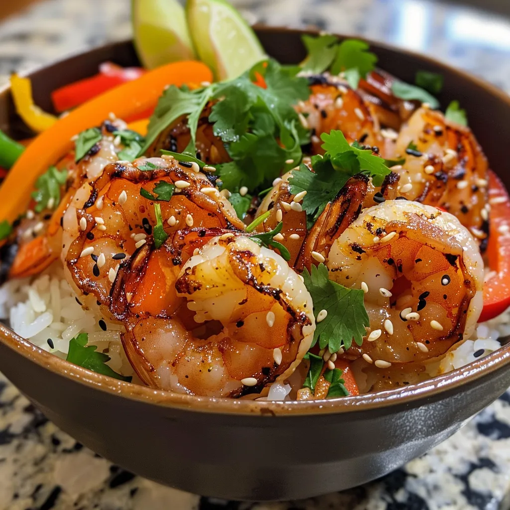 Juicy grilled shrimp over jasmine rice with colorful mixed vegetables, drizzled in a glossy sweet chili lime sauce.