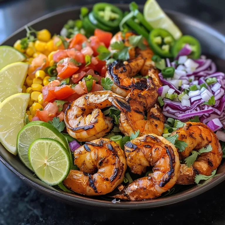 Close-up view of grilled shrimp taco bowls featuring colorful ingredients and dressing.