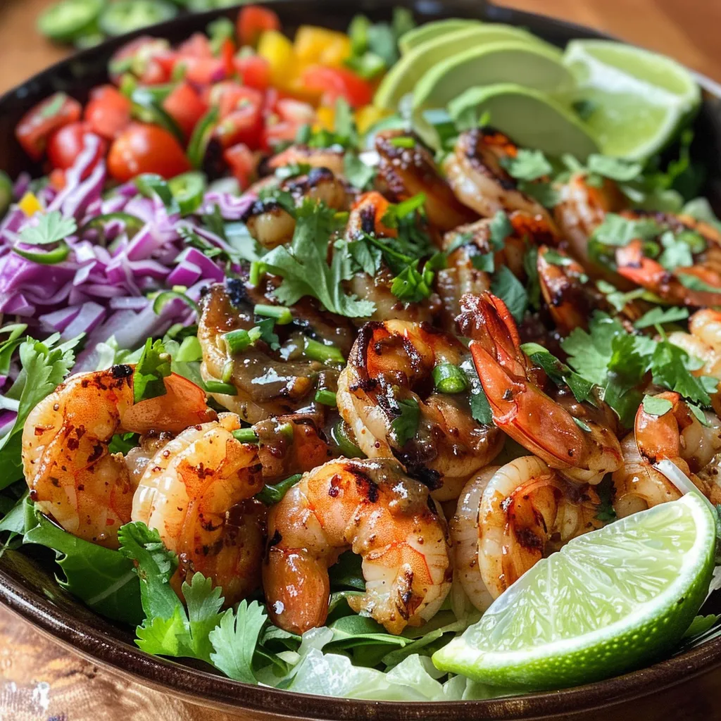 Side view of a bowl filled with grilled shrimp, fresh vegetables, and a lime dressing.