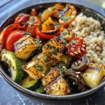 Close-up of a grilled veggie bowl filled with colorful vegetables and quinoa.