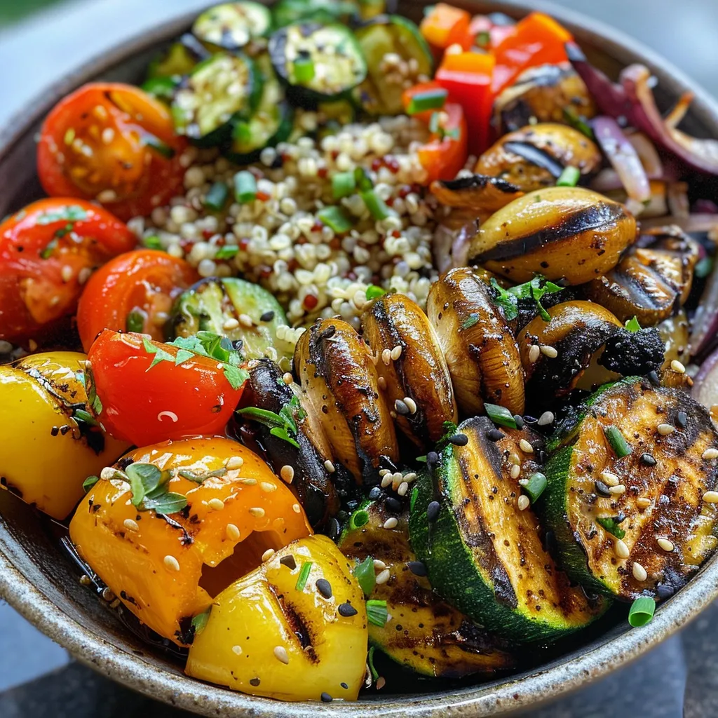 Side view of a delicious grilled vegetable and quinoa bowl with vibrant colors.