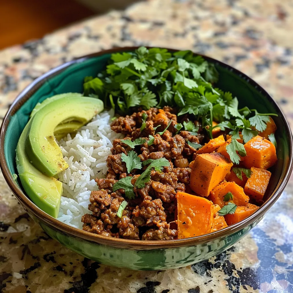 Close-up view of a Ground Beef Hot Honey Bowl featuring diced sweet potatoes and fresh cilantro.