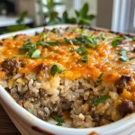 Close-up view of a ground beef rice casserole, showing layers of beef, rice, and melted cheese.