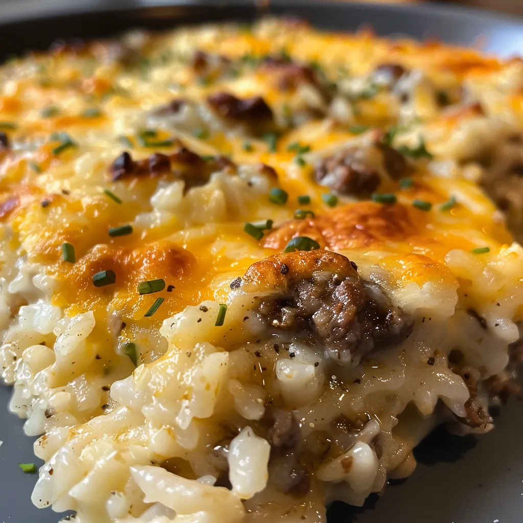 Side angle of a delicious ground beef and rice casserole, highlighting the creamy texture and cheesy topping.