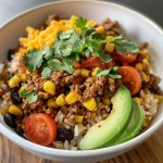 A close-up side view of a Ground Beef Taco Rice Bowl, showcasing colorful ingredients.