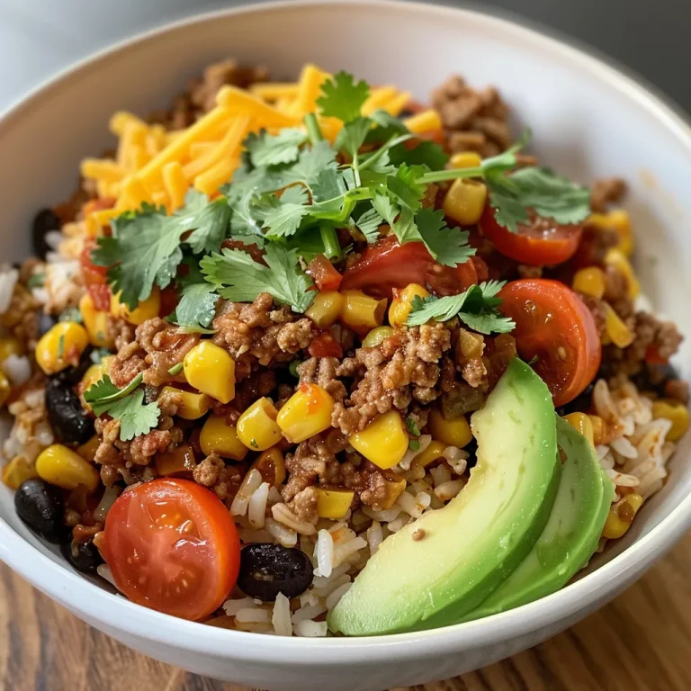 Taco Tuesday Made Easy Your Go-To Ground Beef Rice Bowl A close-up side view of a Ground Beef Taco Rice Bowl, showcasing colorful ingredients.