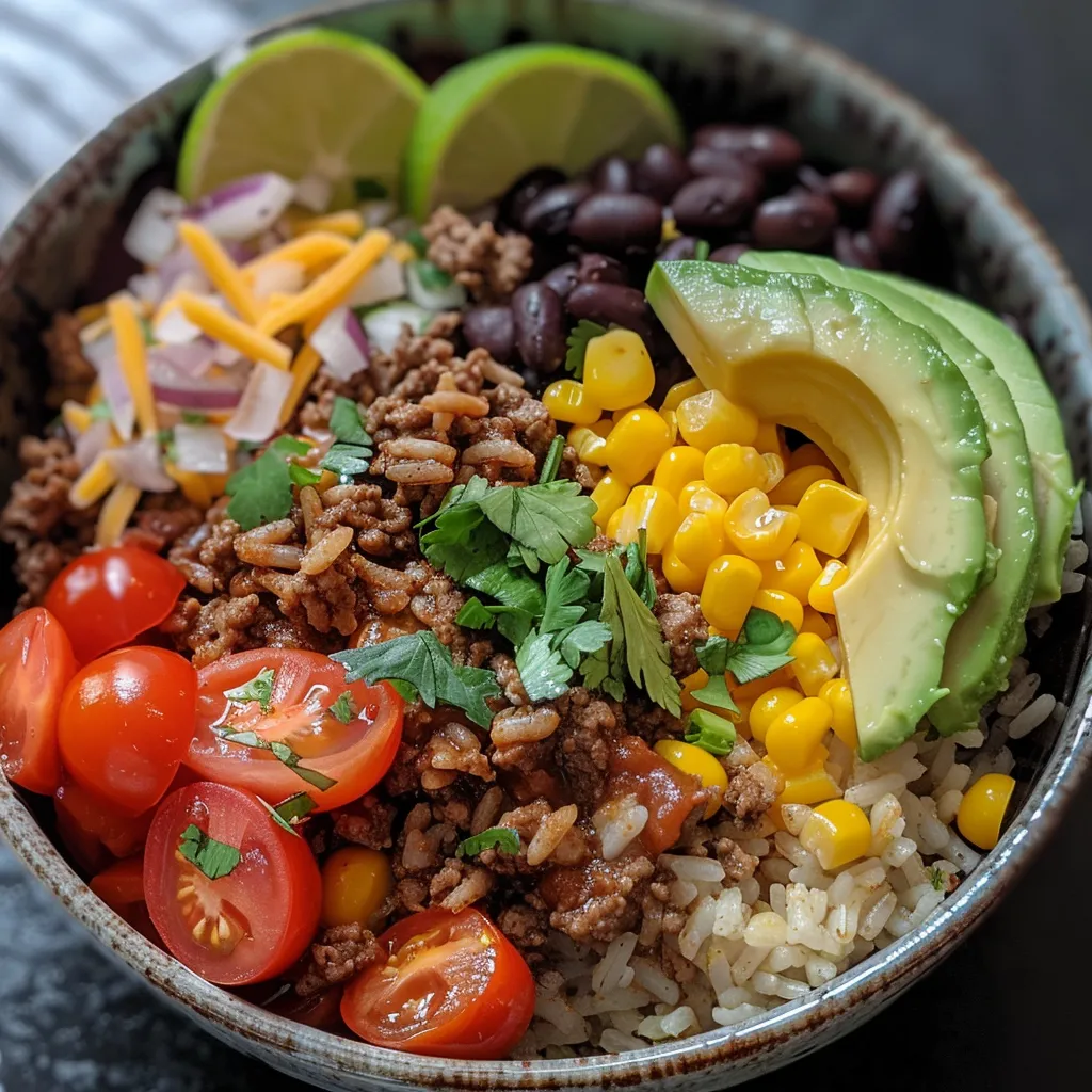 A vibrant bowl filled with ground beef, rice, and fresh toppings, presented appetizingly.