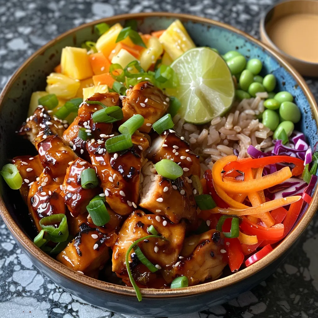 Side profile of a Hawaiian Chicken Bowl with chunks of pineapple, edamame, and sliced red bell pepper.