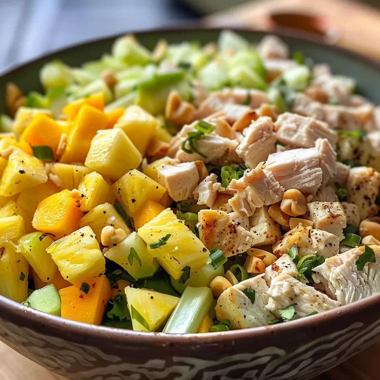 Tropical Bliss in a Bowl Hawaiian Chicken Salad Made Easy Close-up view of a Hawaiian Chicken Salad featuring colorful ingredients.