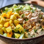 A close-up side view of a vibrant Hawaiian Chicken Salad featuring fresh greens and pineapple chunks.
