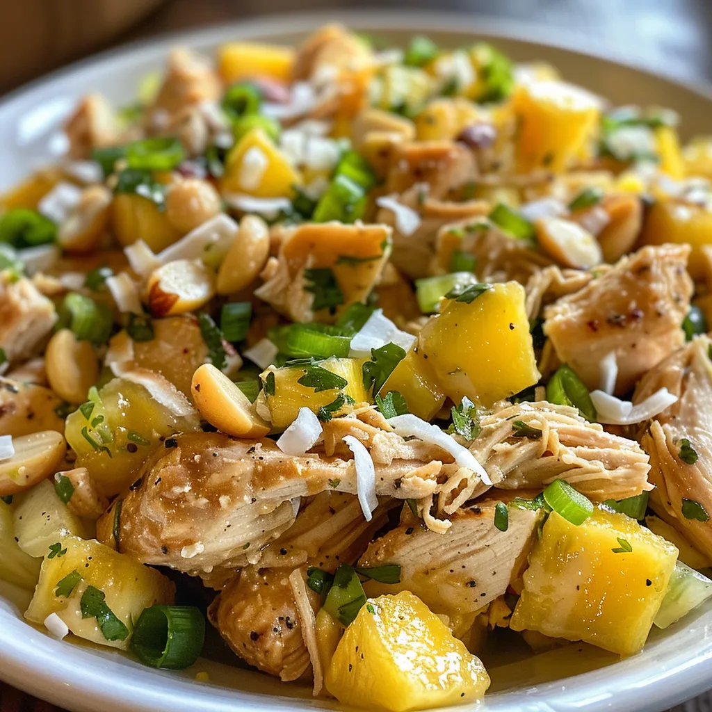 Side view of Hawaiian Chicken Salad with vibrant pineapple and macadamia nuts.