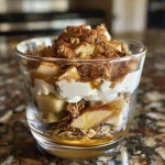 A close-up side view of a layered apple cinnamon yogurt parfait.