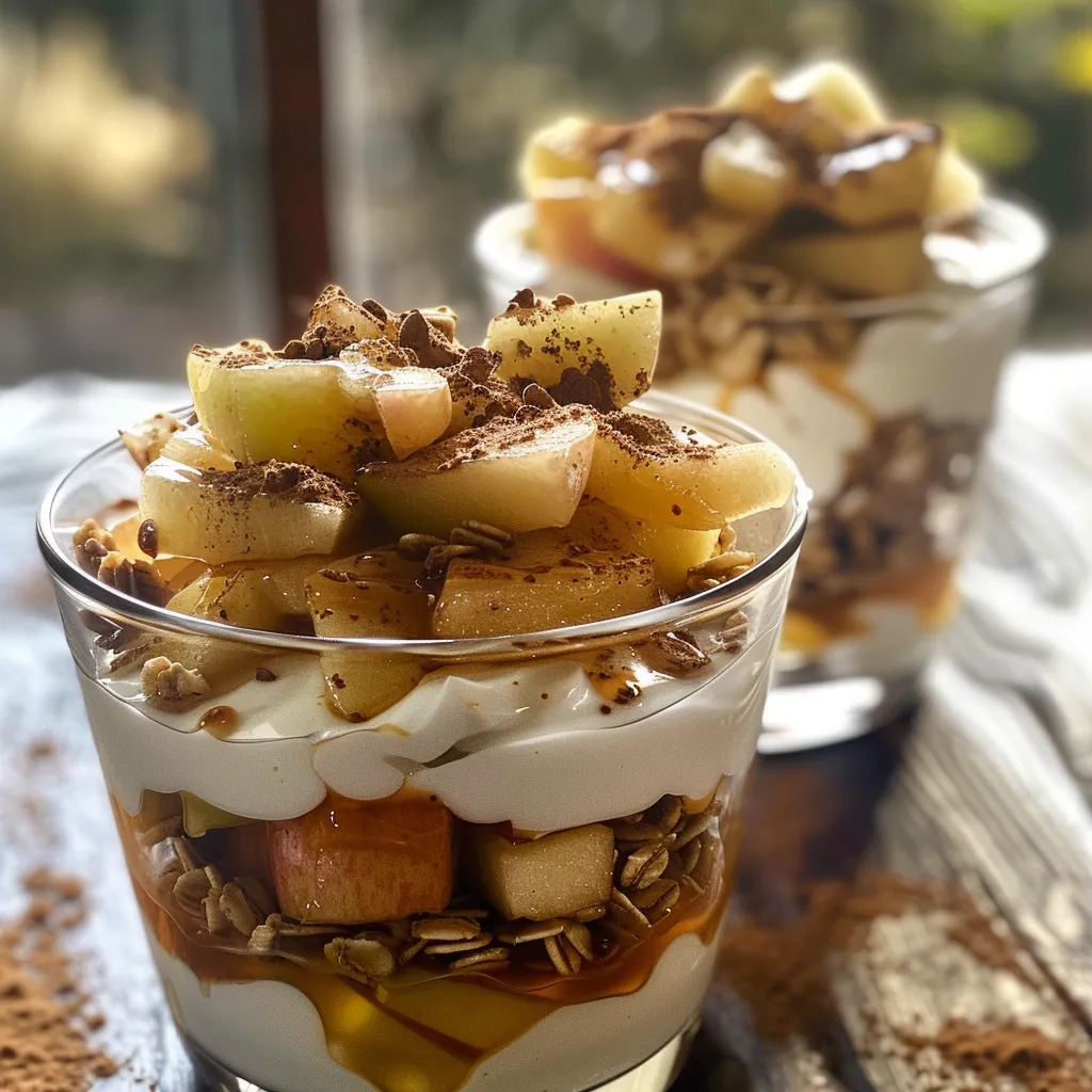 A vibrant parfait featuring Greek yogurt, apples, and oats in a cup.