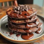Close-up of healthy chocolate pancakes with a syrup drizzle and chocolate chips.