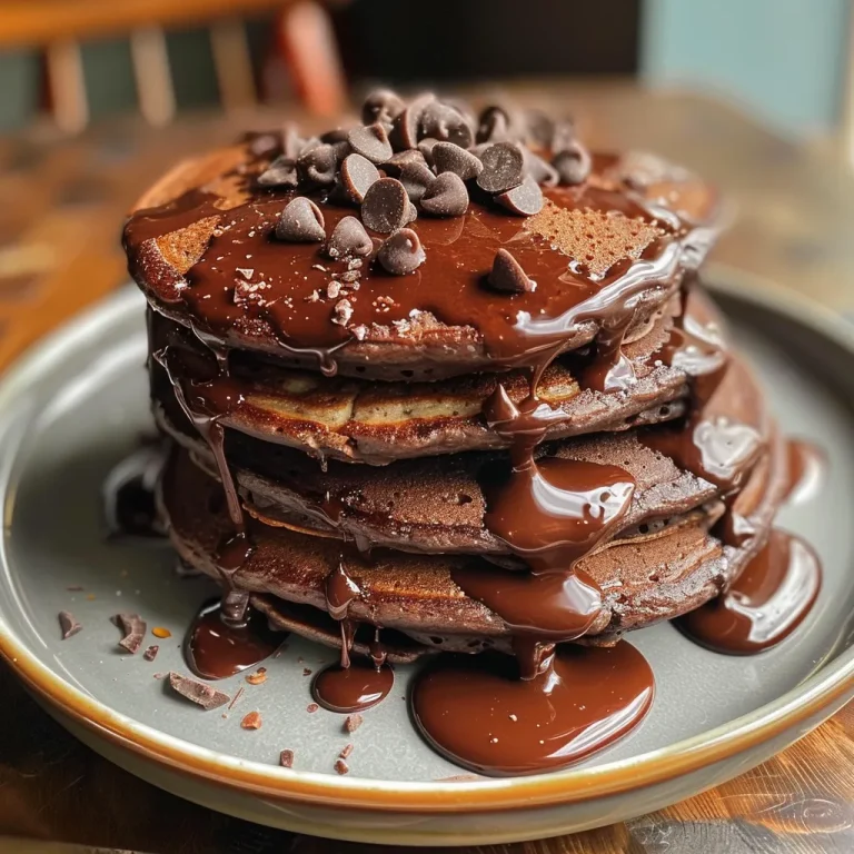 Choco-Delight Whip Up Healthy Chocolate Pancakes in No Time! Close-up of healthy chocolate pancakes with a syrup drizzle and chocolate chips.