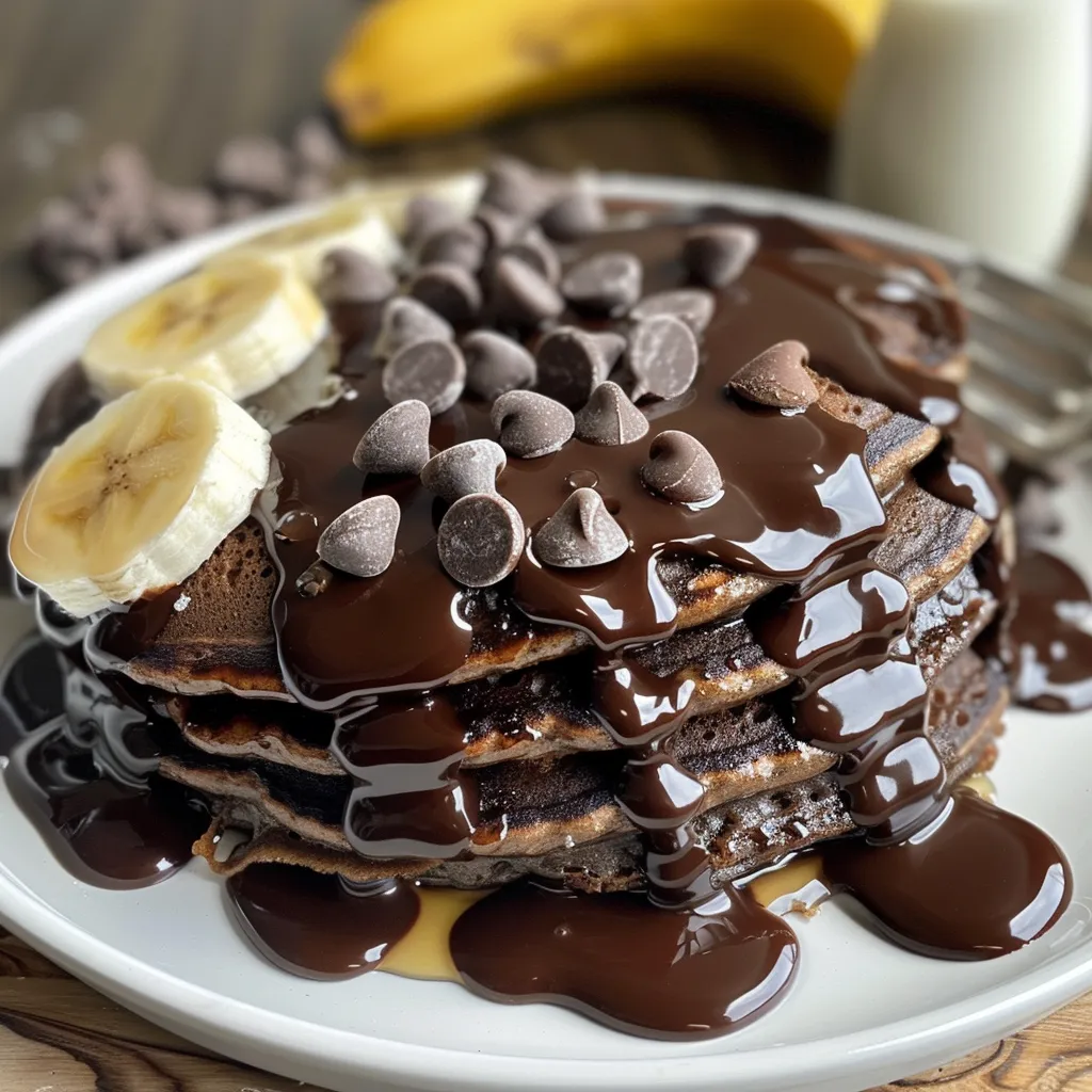 Side view of fluffy, dark chocolate pancakes topped with fresh banana slices.
