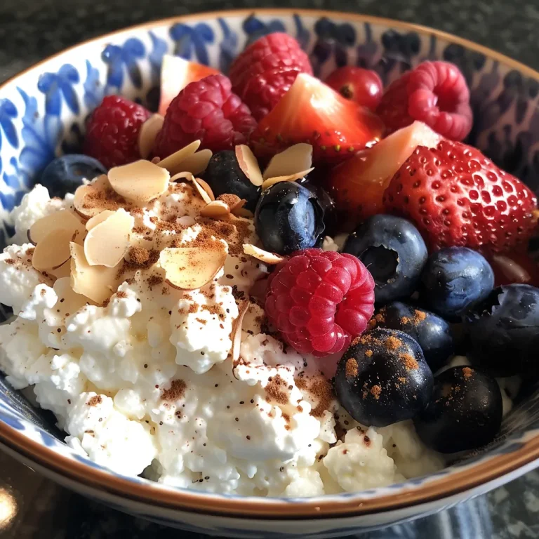 Close-up of a bowl filled with cottage cheese topped with fresh berries and almonds.