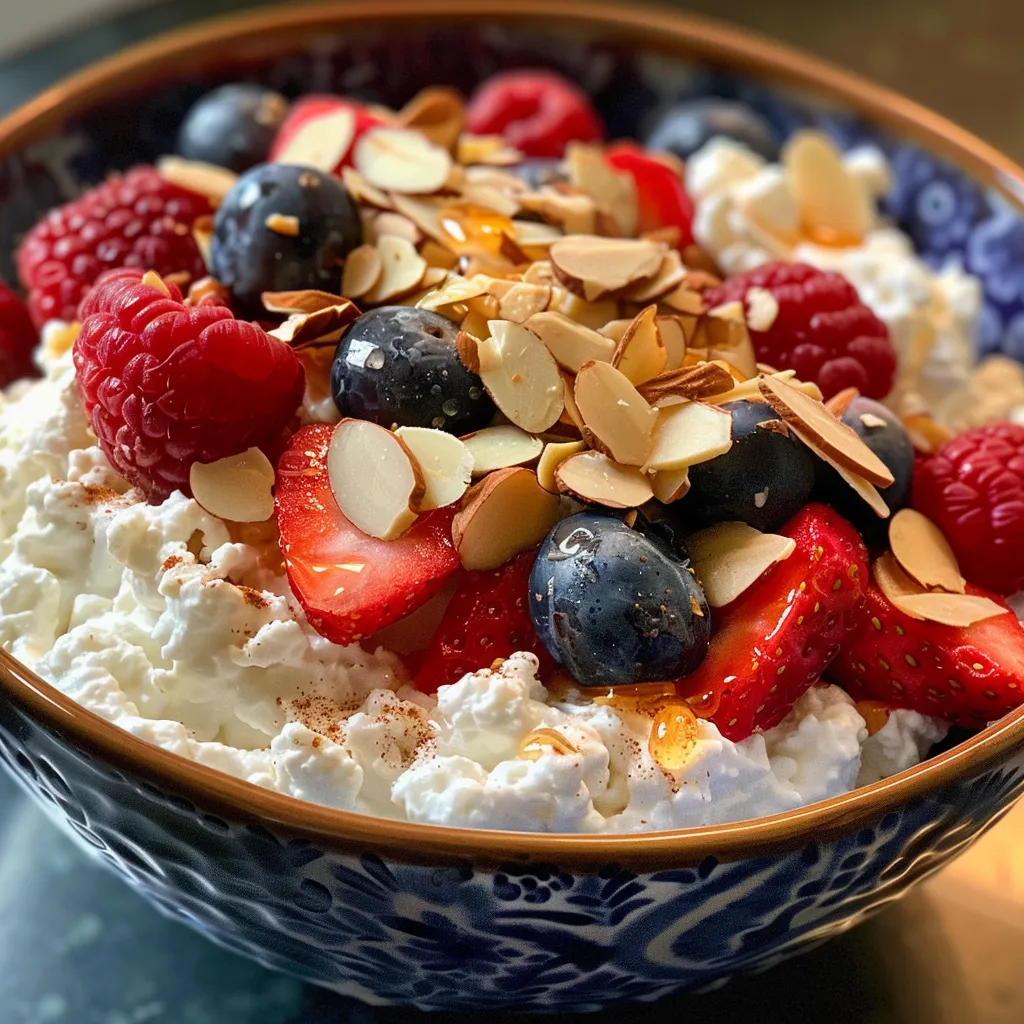 Healthy breakfast bowl featuring cottage cheese, strawberries, blueberries, and honey.